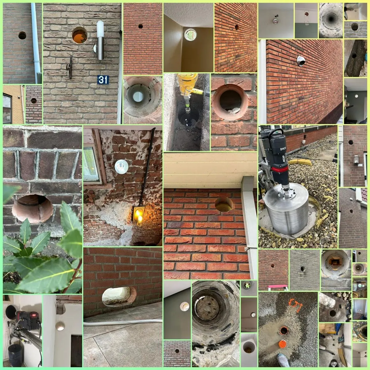 Collage van tientallen kernboringen in beton en baksteen